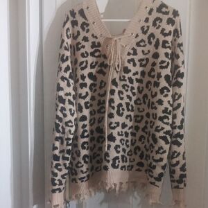 Rue + Leopard Print Lace-Up Sweater